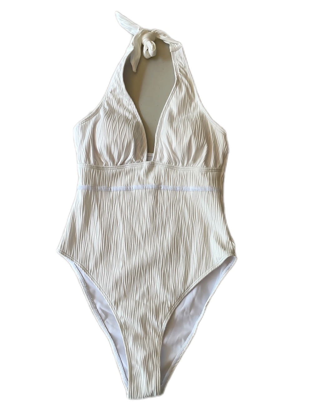 Boutique Textured White Wavy Halter One-Piece Swimsuit New!